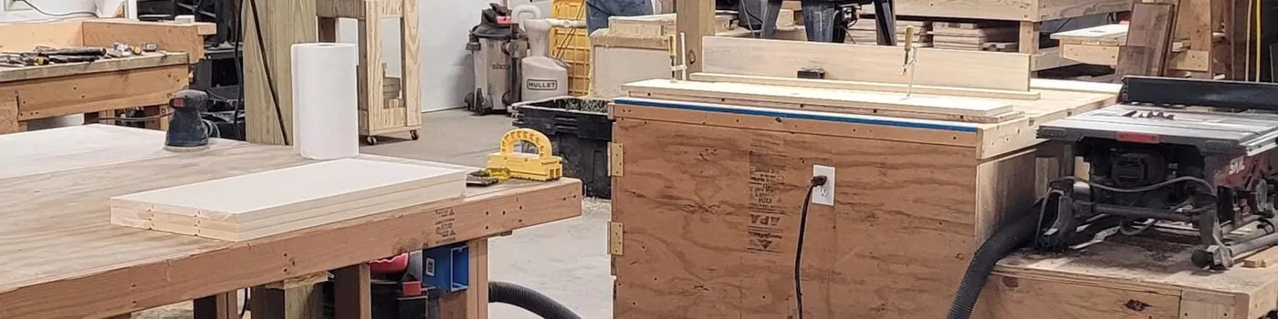 Woodworking shop with workbench and tools
